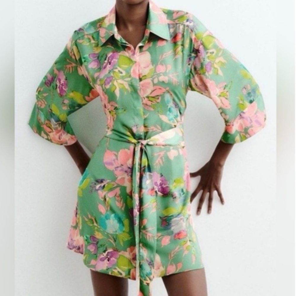 Zara Green Floral Button Satin Effect Shirt Dress